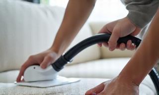 Technician cleaning a light-colored sofa upholstery